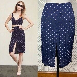 Reformation Clinton Blue Skirt with White Paisley Design and Slit
